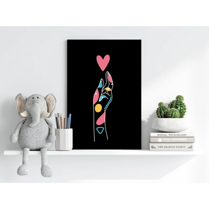 Vibrant abstract geometric hand with pink heart on black aluminum print