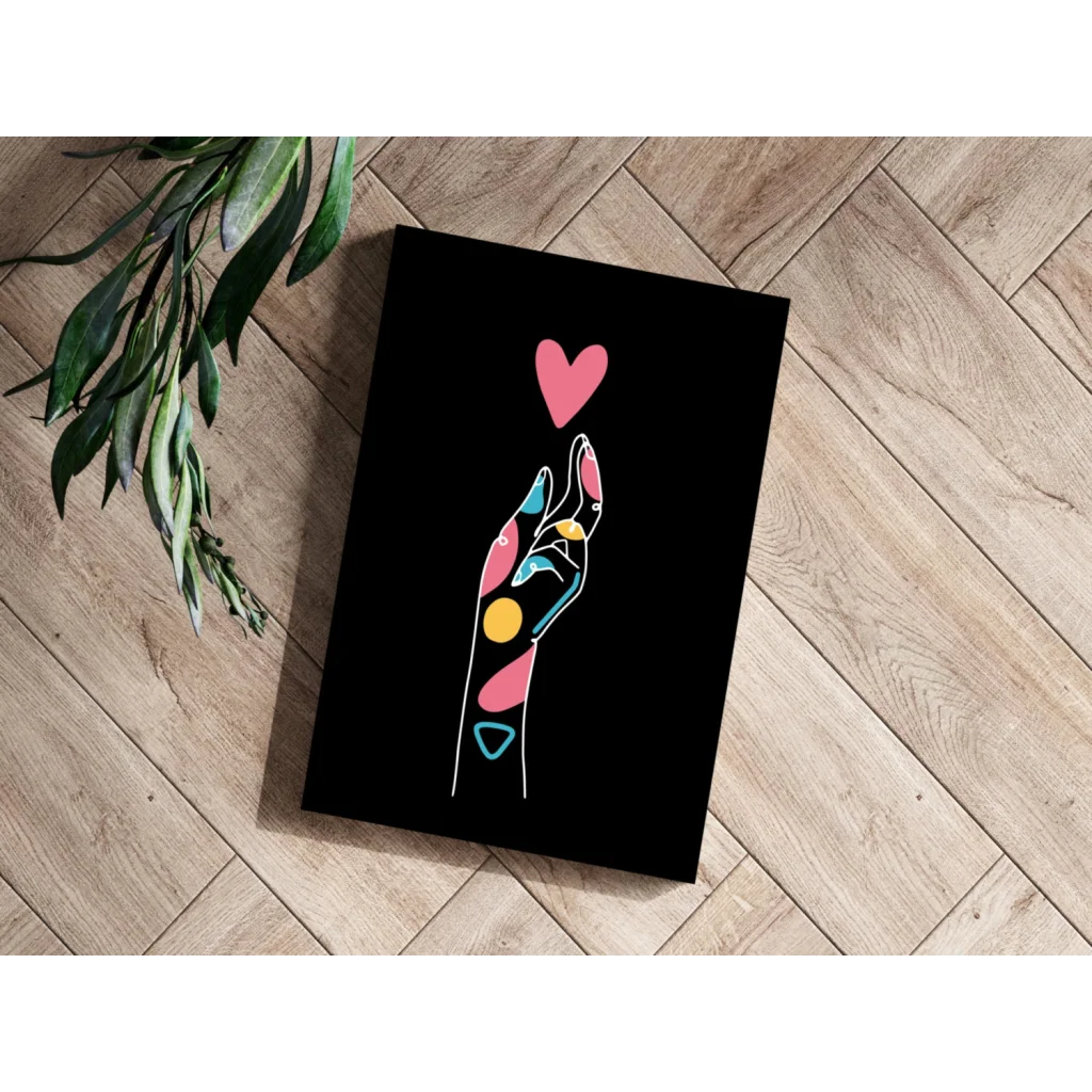 Stylized geometric hand with pink heart on black aluminum print