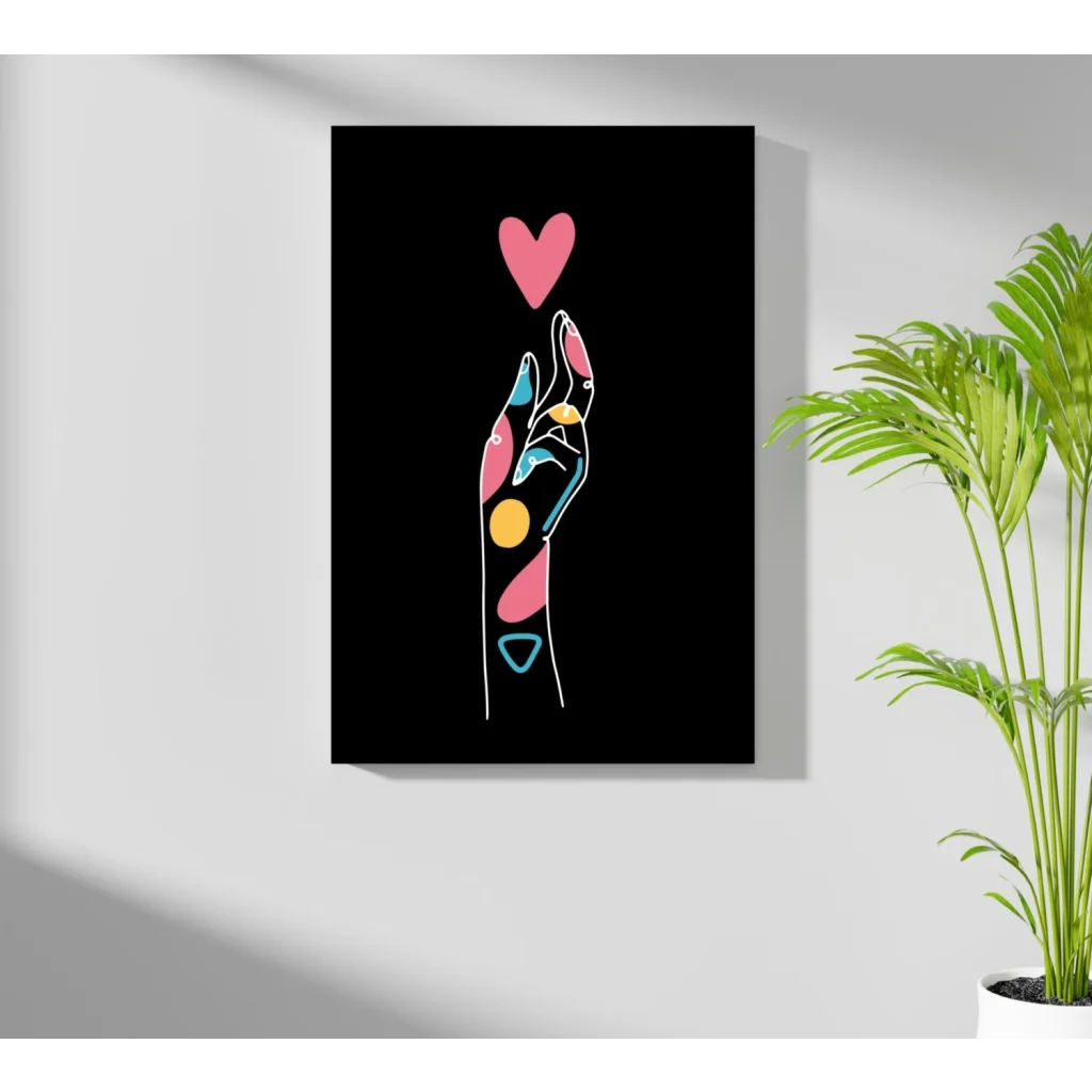 Stylized hand with colorful geometric shapes and pink heart on black canvas art print