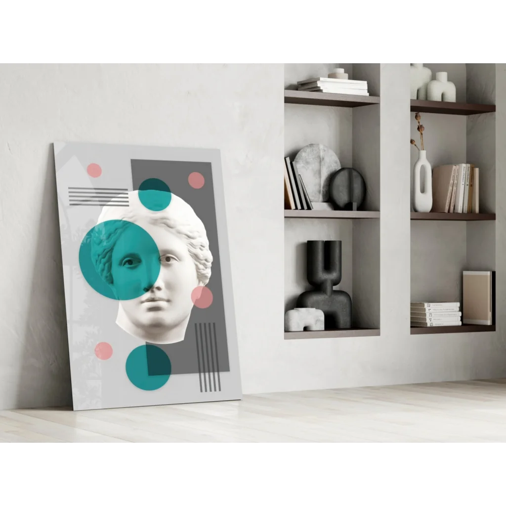 Modern geometric marble bust wall art with teal pink circles