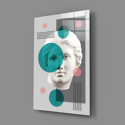 Modern geometric marble bust wall art with teal and pink circles