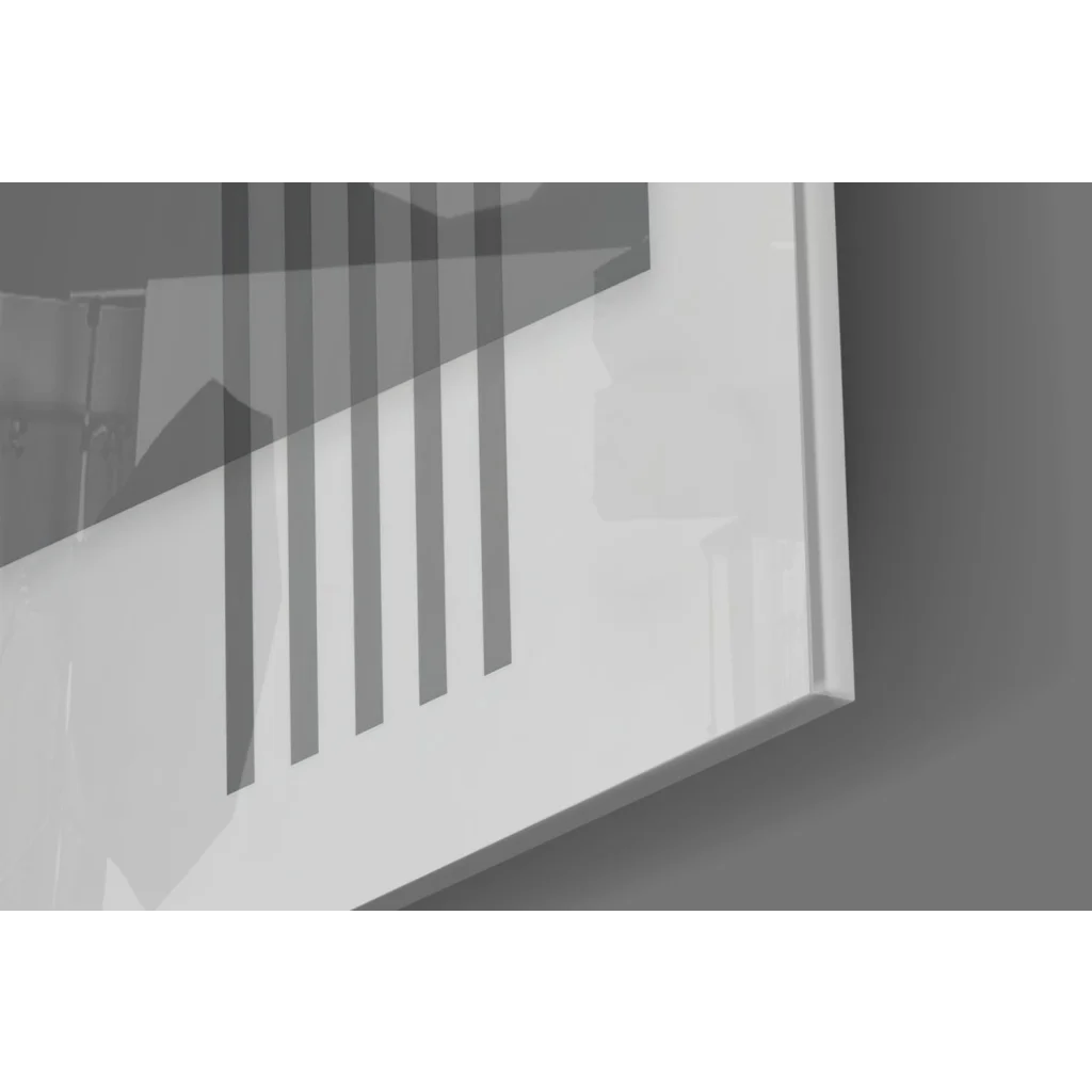 White framed geometric marble bust wall art with gray stripes, teal and pink circles