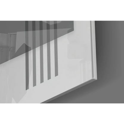 White framed geometric marble bust wall art with gray stripes, teal and pink circles