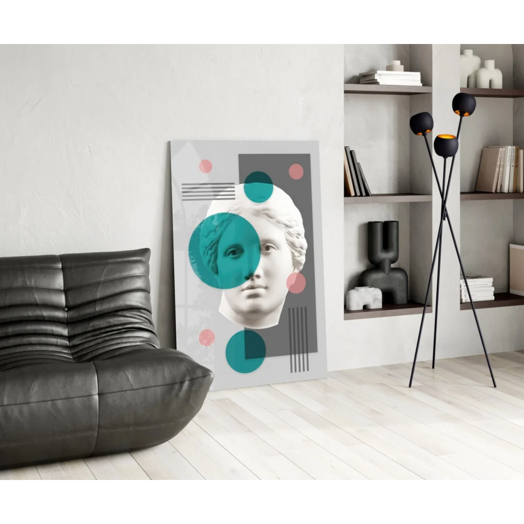 Modern geometric marble bust wall art with teal and pink circles