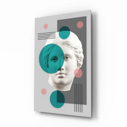 Modern geometric marble bust wall art with teal pink circles