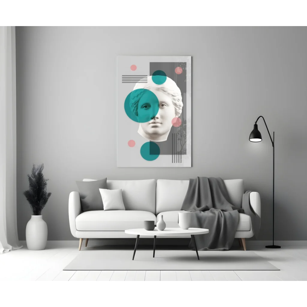 Modern geometric marble bust wall art with teal and pink circles