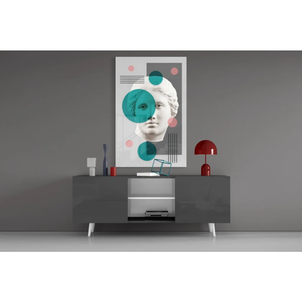 Modern geometric marble bust wall art with teal pink circles