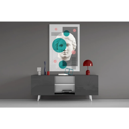 Modern geometric marble bust wall art with teal pink circles