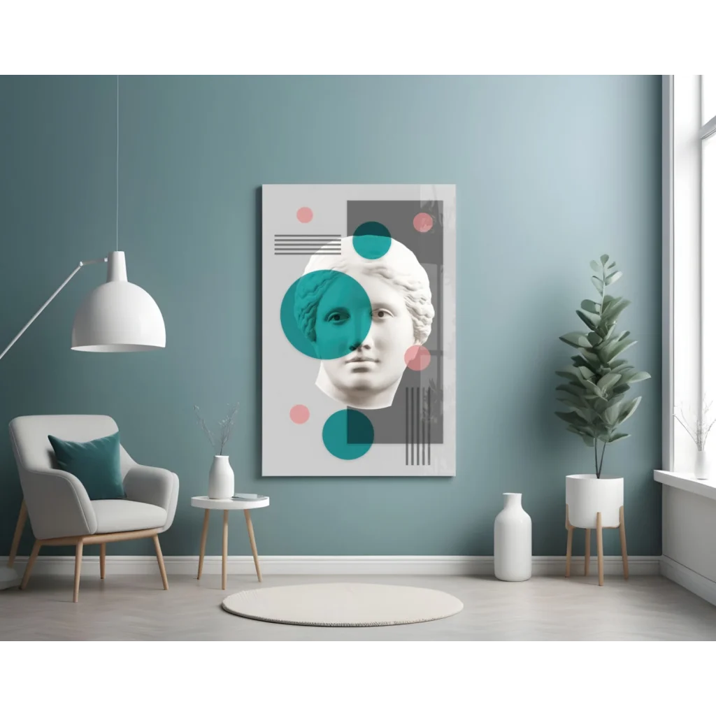 Modern geometric marble bust wall art with teal pink circles
