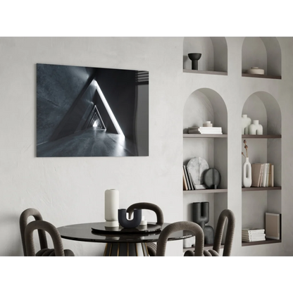 Black and white geometric tunnel glass wall art on display