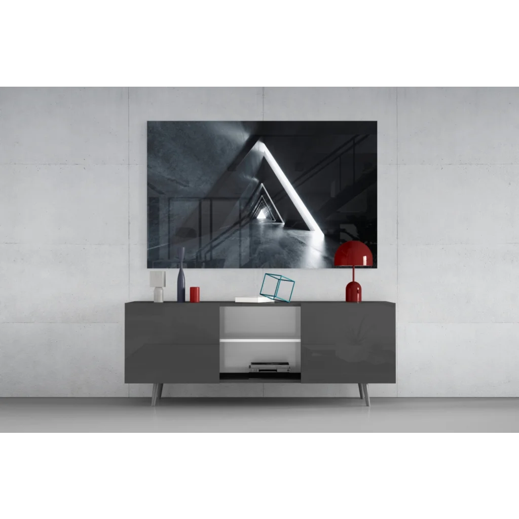 Sleek gray sideboard with minimalist legs and open shelving