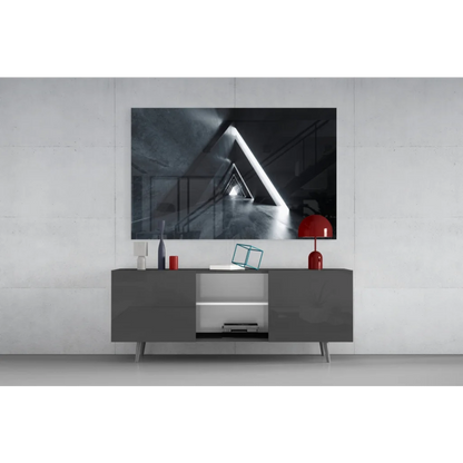 Sleek gray sideboard with minimalist legs and open shelving