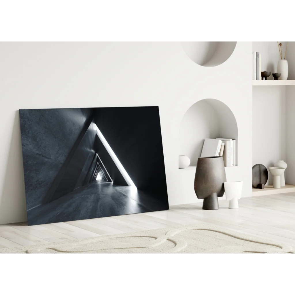 Black and white geometric tunnel glass wall art