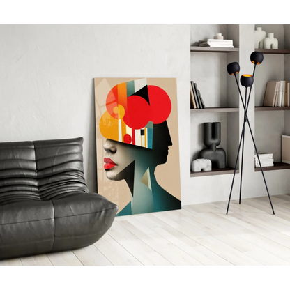 Vibrant glass wall art: abstract portrait with red lips and geometric shapes