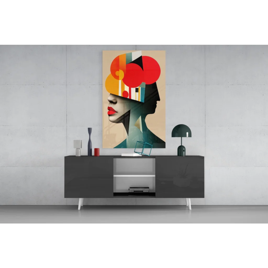 Vibrant abstract glass wall art portrait with bold red, orange, teal shapes on beige
