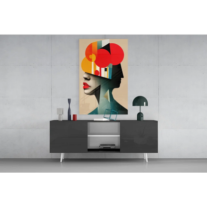 Vibrant abstract glass wall art portrait with bold red, orange, teal shapes on beige