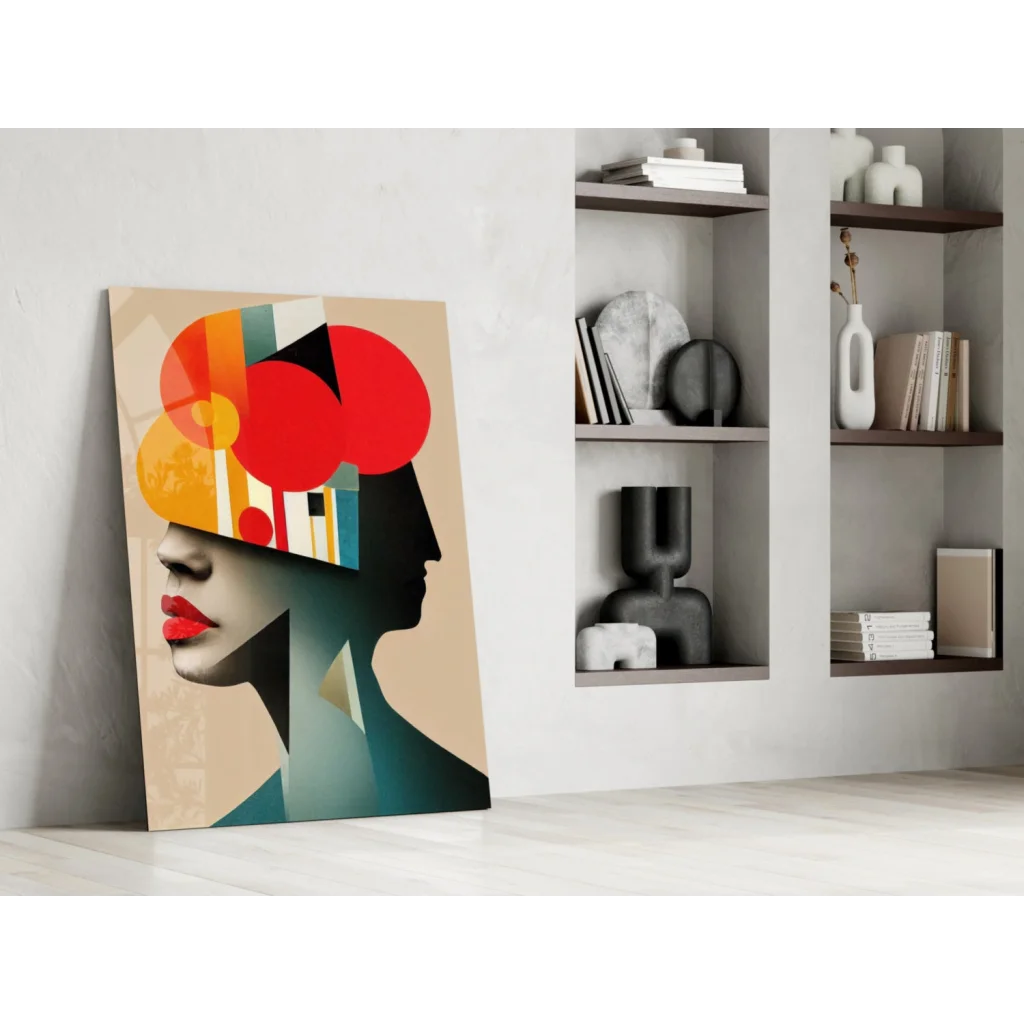 Abstract glass wall art of stylized female profile with bold red, orange, teal shapes