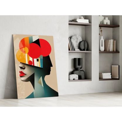 Abstract glass wall art of stylized female profile with bold red, orange, teal shapes