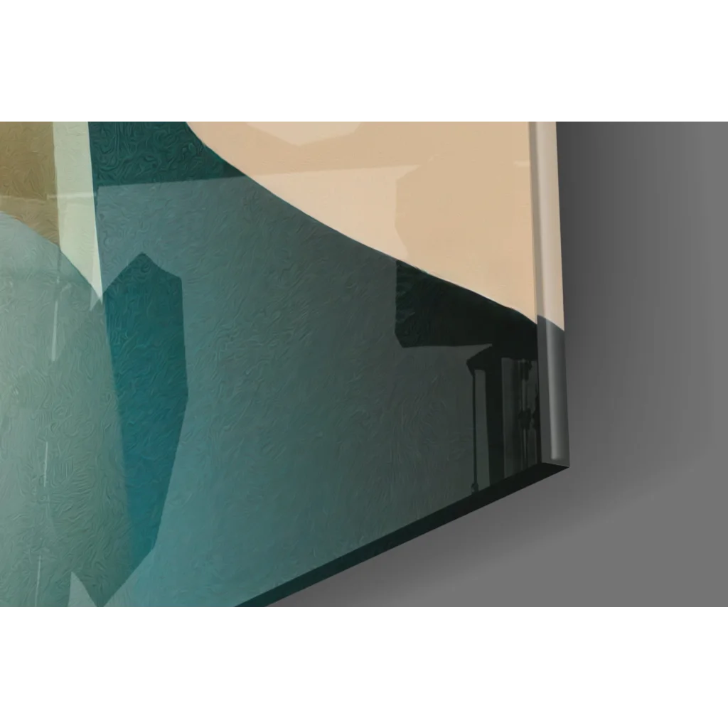 Modern teal beige black geometric glass wall art on matte canvas