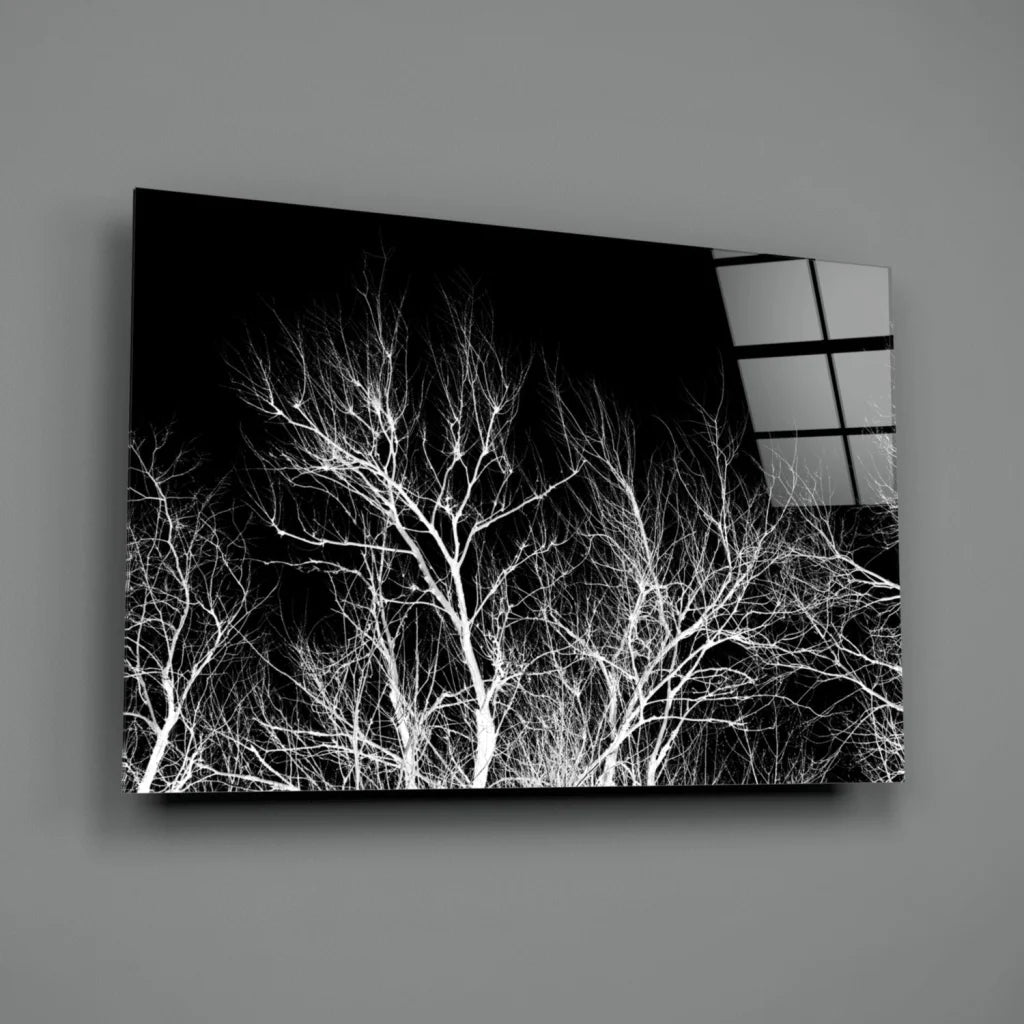 Black and white tree branch glass wall art canvas print