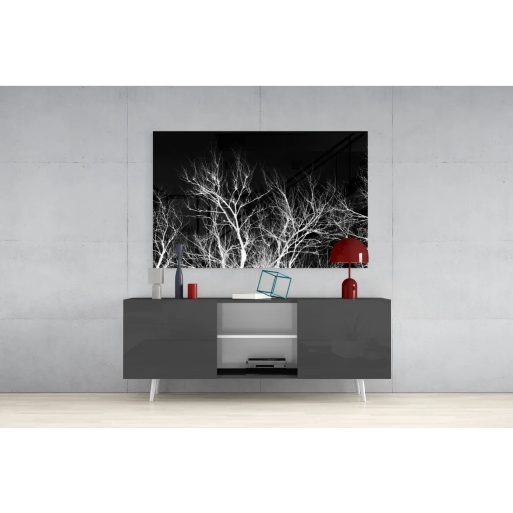 Sleek modern black and white TV stand with glass wall art print