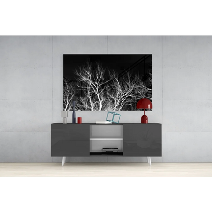 Sleek modern black and white TV stand with glass wall art print