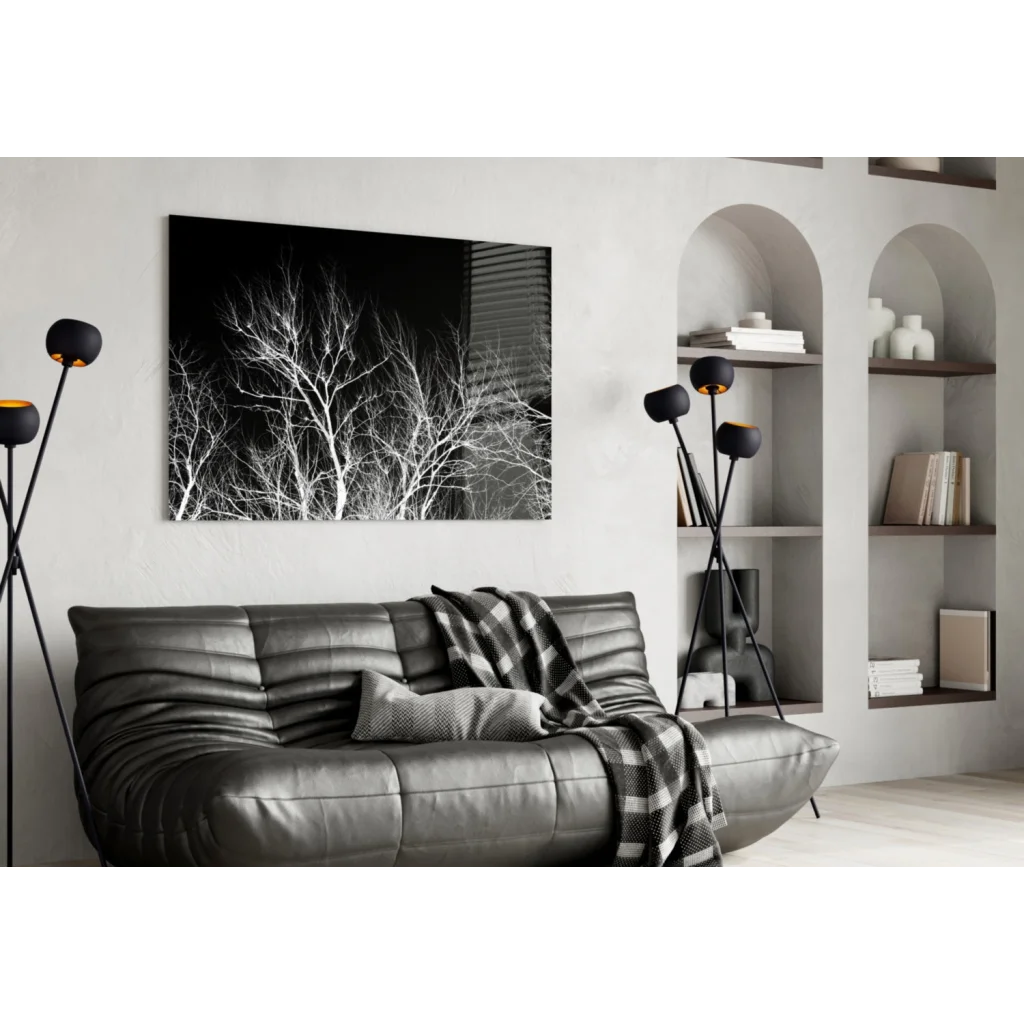 Black leather sofa with plaid throw and geometric tree branch glass wall art