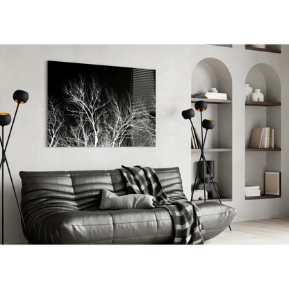 Black leather sofa with plaid throw and geometric tree branch glass wall art