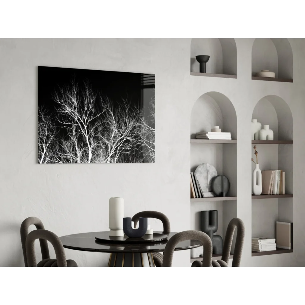Black and white geometric tree branch glass wall art canvas print