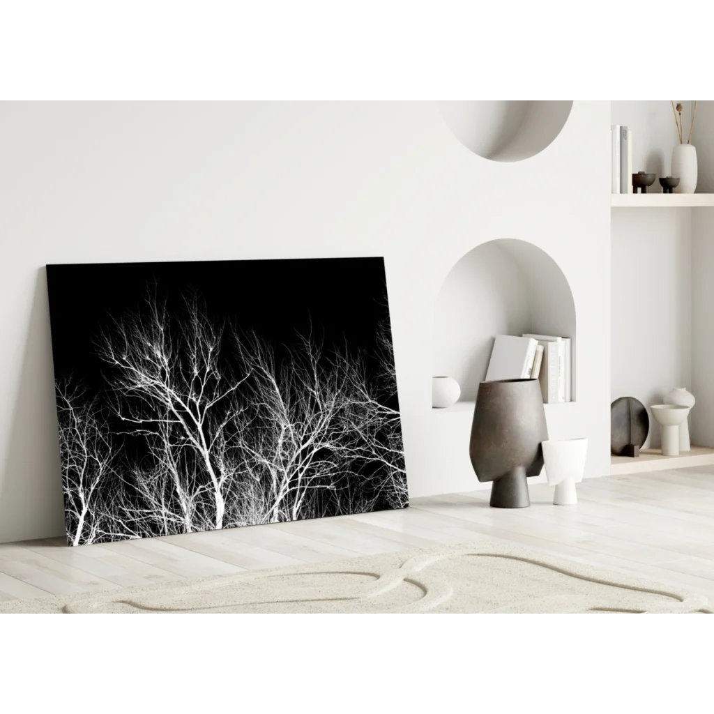 Black and white geometric tree branch glass wall art canvas print
