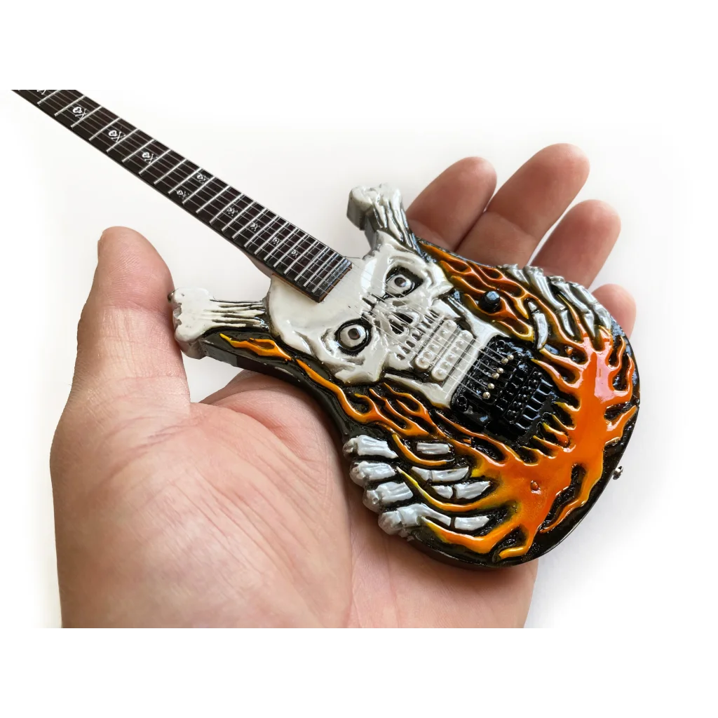 George Lynch ESP flaming skull mini guitar by Axe Heaven® on adjustable A-frame stand