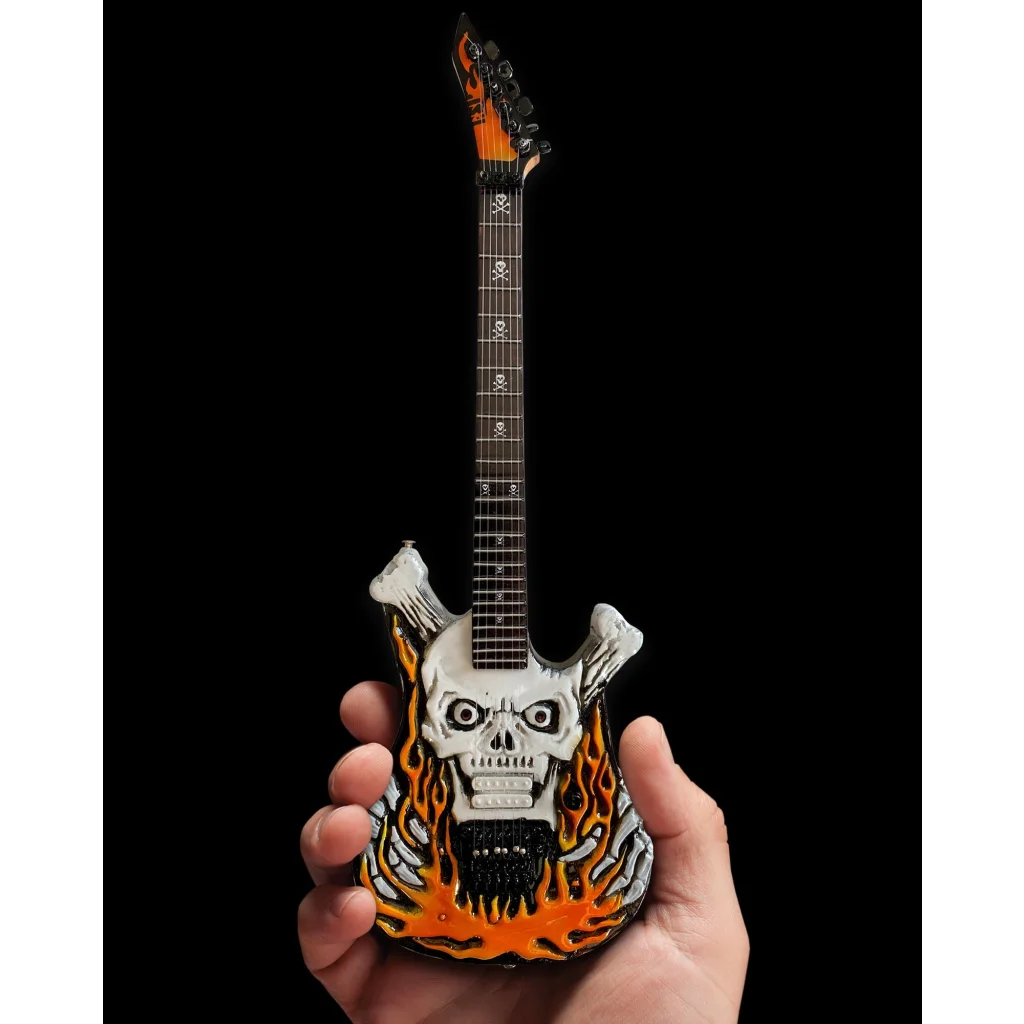 George Lynch ESP Flaming Skull Mini Guitar by Axe Heaven® on adjustable A-frame stand