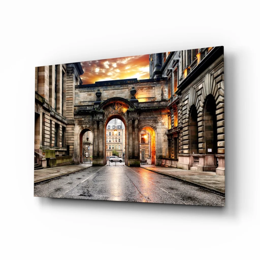 Golden archway sunset glass wall art print with warm lit stone archway
