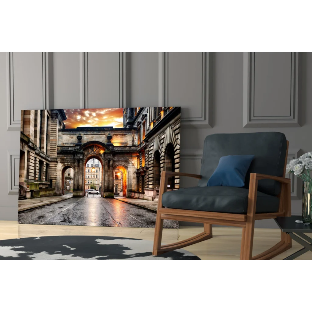 Golden Archway Sunset glass wall art print of historic stone archway at dusk