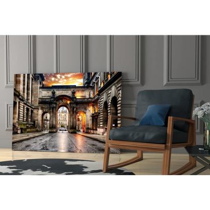 Golden Archway Sunset glass wall art print of historic stone archway at dusk