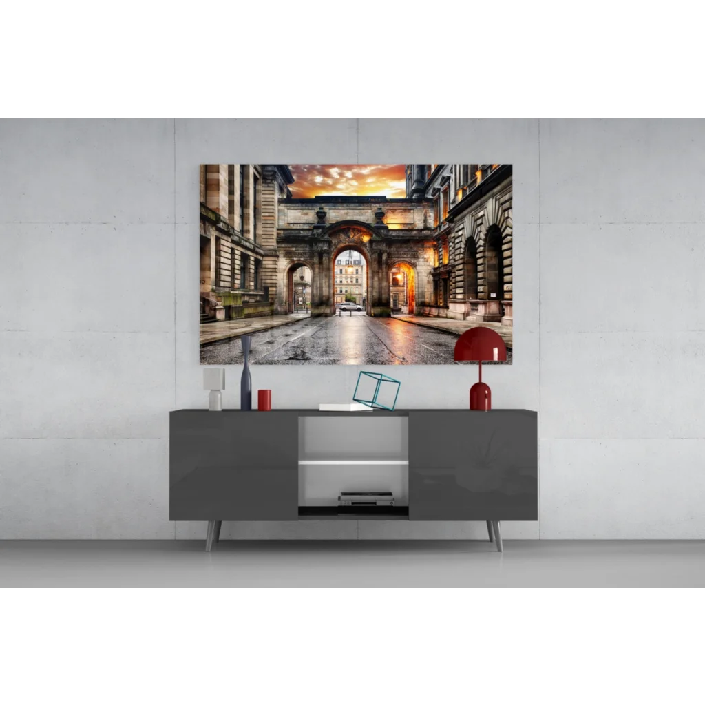 Golden archway sunset on glass wall art print