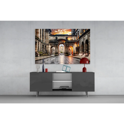 Golden archway sunset on glass wall art print