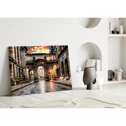 Golden archway sunset glass wall art print of historic stone street