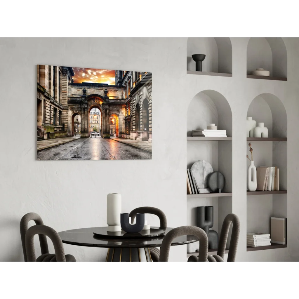 Golden archway sunset glass wall art print of sunlit arched stone street