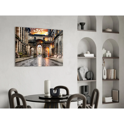 Golden archway sunset glass wall art print of sunlit arched stone street