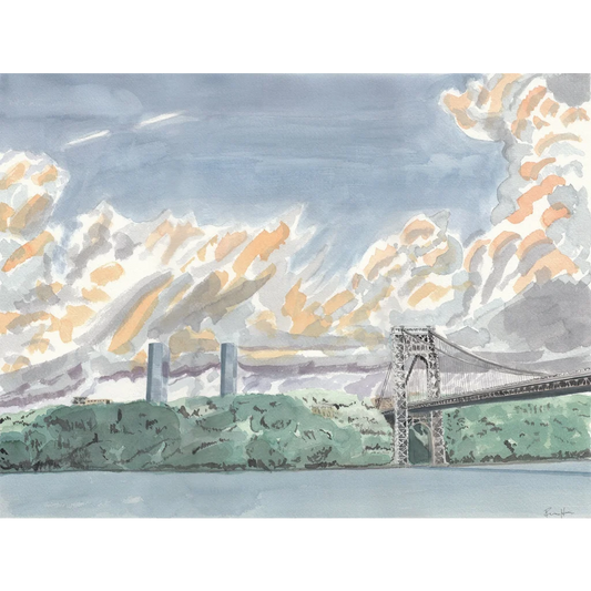 George Washington Bridge sunset watercolor with orange gray clouds