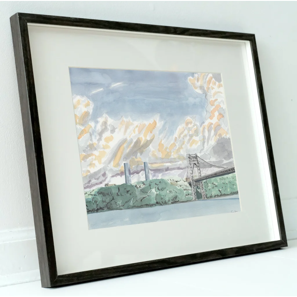 George Washington Bridge sunset watercolor in black frame