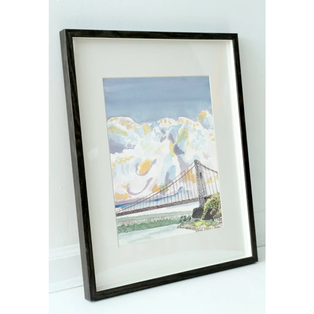 Black framed watercolor of George Washington Bridge uptown perspectives