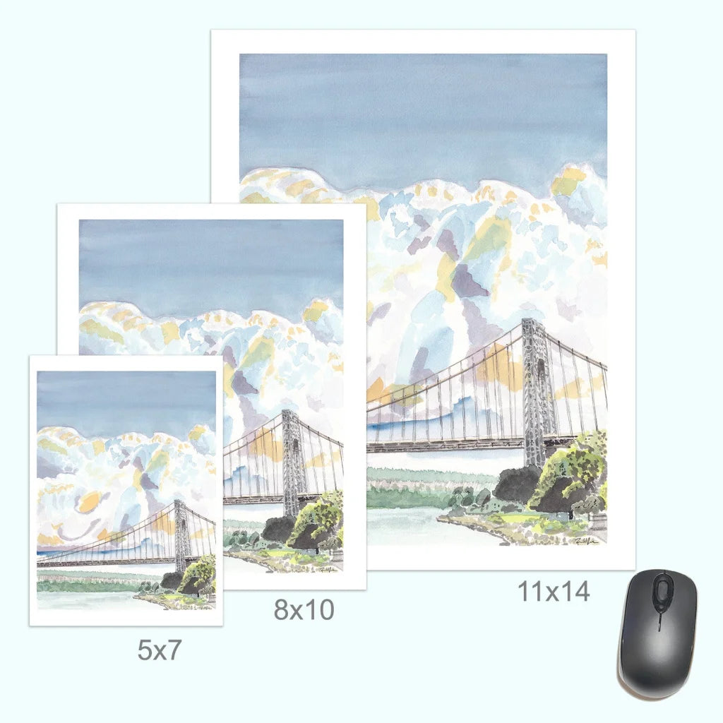 George Washington Bridge watercolor print in white frame