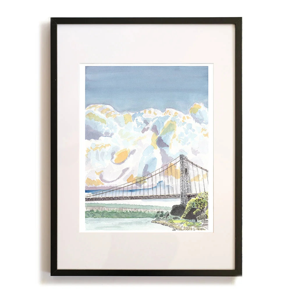 Black framed watercolor of George Washington Bridge in uptown perspectives