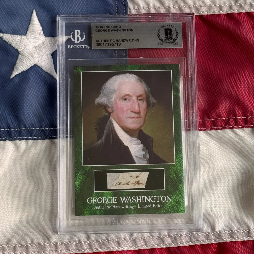 George washington letter trading card featuring authentic washington’s penmanship encased in clear beckett slab with green background