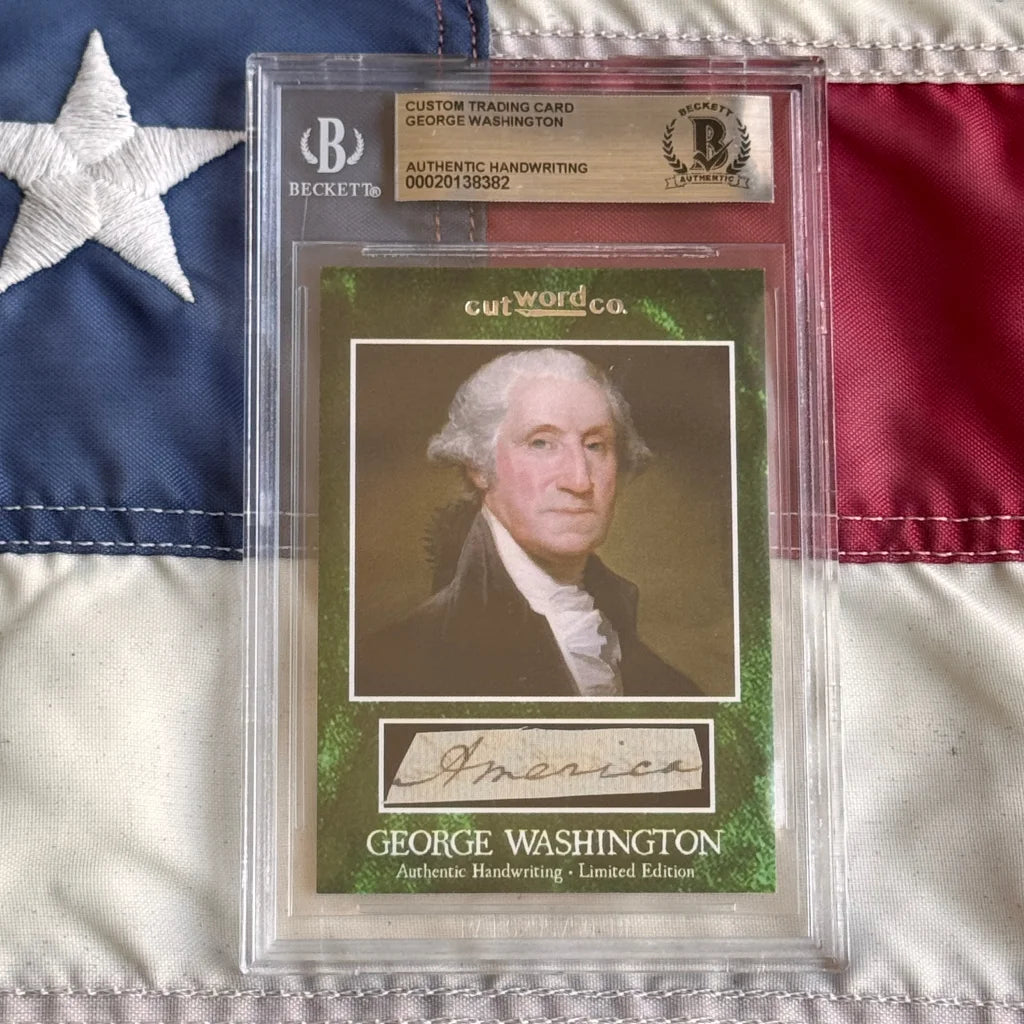 A framed custom trading card of George Washington letter featuring authentic handwriting and clear protective packaging
