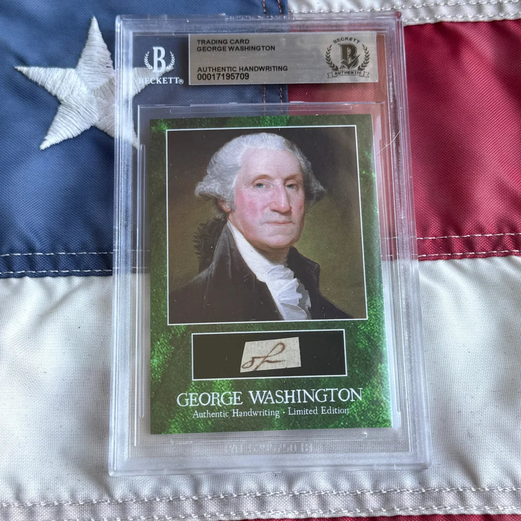 George washington letter words encapsulated trading card featuring washington’s penmanship in clear Beckett slab