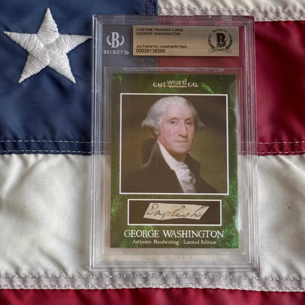 A framed custom george washington letter trading card with authentic washington’s penmanship in clear protective packaging