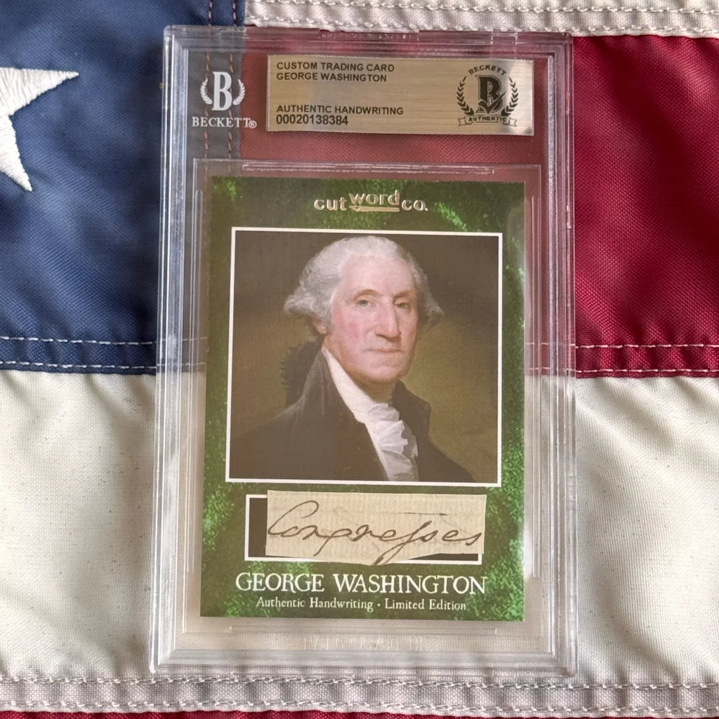 A framed custom trading card featuring george washington letter with washington’s penmanship in clear protective packaging
